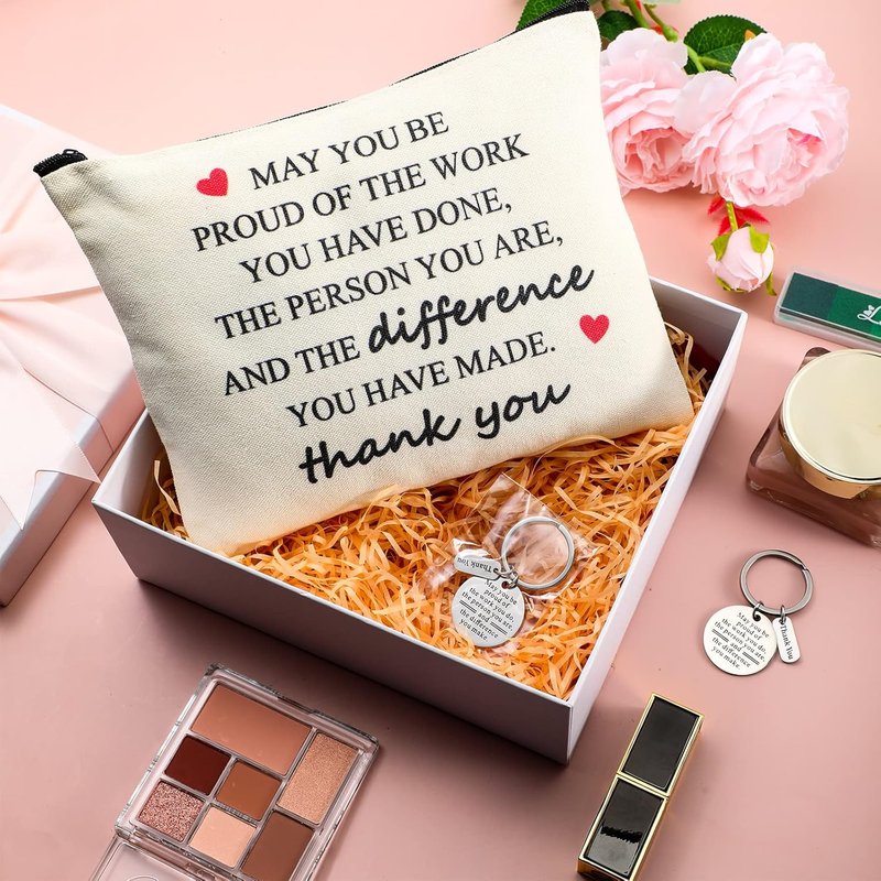 Employee Appreciation Gifts - 16 Pcs Inspirational Makeup Bags & Keychains for Nurses, Teachers, & Coworkers | Canvas Cosmetic Bags