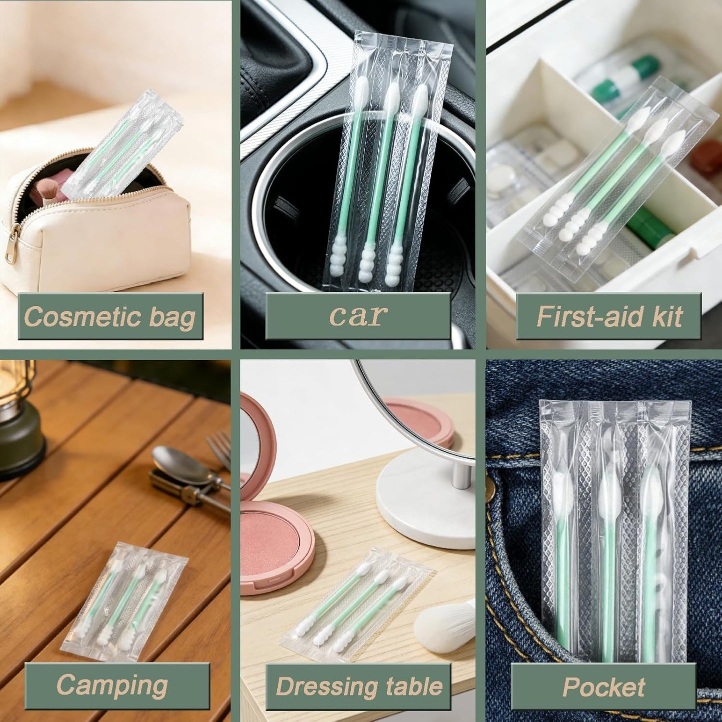 Individually Wrapped Cotton Swabs - 1000 Count Travel Swabs for Ear & Makeup | Green Spiral Pointed End