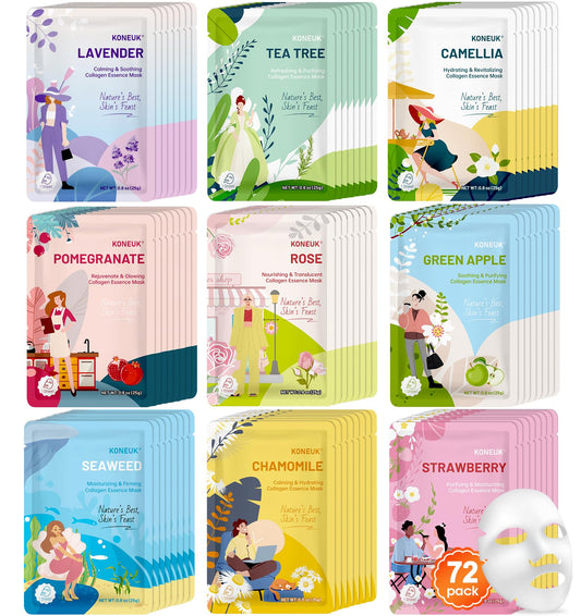 KONEUK 72 Pack Bulk Hydrating Face Masks Skincare, Collagen Sheet Face Mask for Dry, Oily Skin, Spa Gifts for Women Skin Care, Sleepover Party Supplies, Party Favors, Birthday Gifts (9 Types x 8 Pcs)
