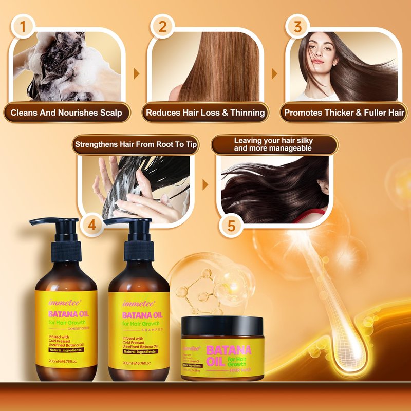 immetee Shampoo & Conditioner Set, Infused Batana Natural Ingredients, With Hair Mask and Massage Comb, Deep Moisturizing Treatment for Dry, Color-Treated Hair, 6.76 Fl Oz Each,4-Pack