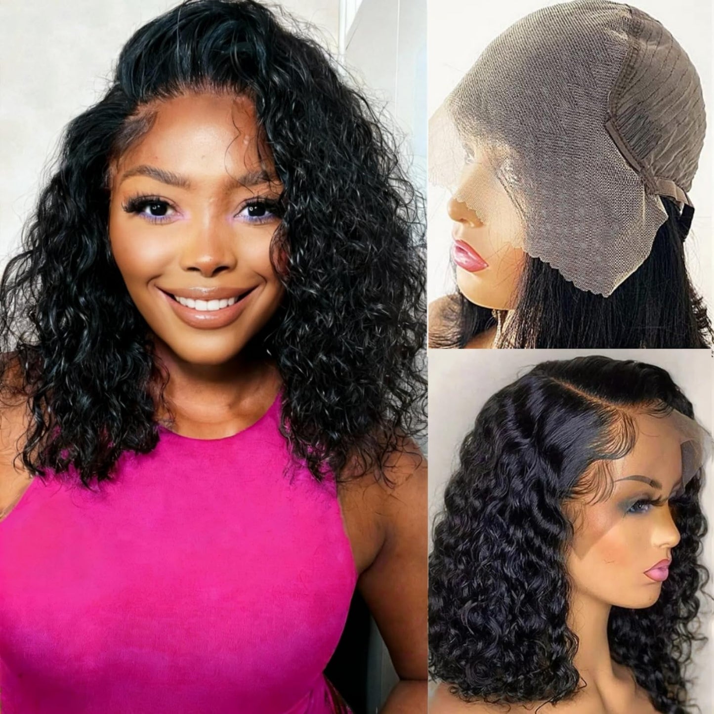 Nakkia Bob Wig Human Hair 13x6 Deep Wave Lace Front Wigs 13x6 Lace Frontal 180% Density Curly Bob Wig Human Hair Pre Plucked for Women Natural Black 8 Inch