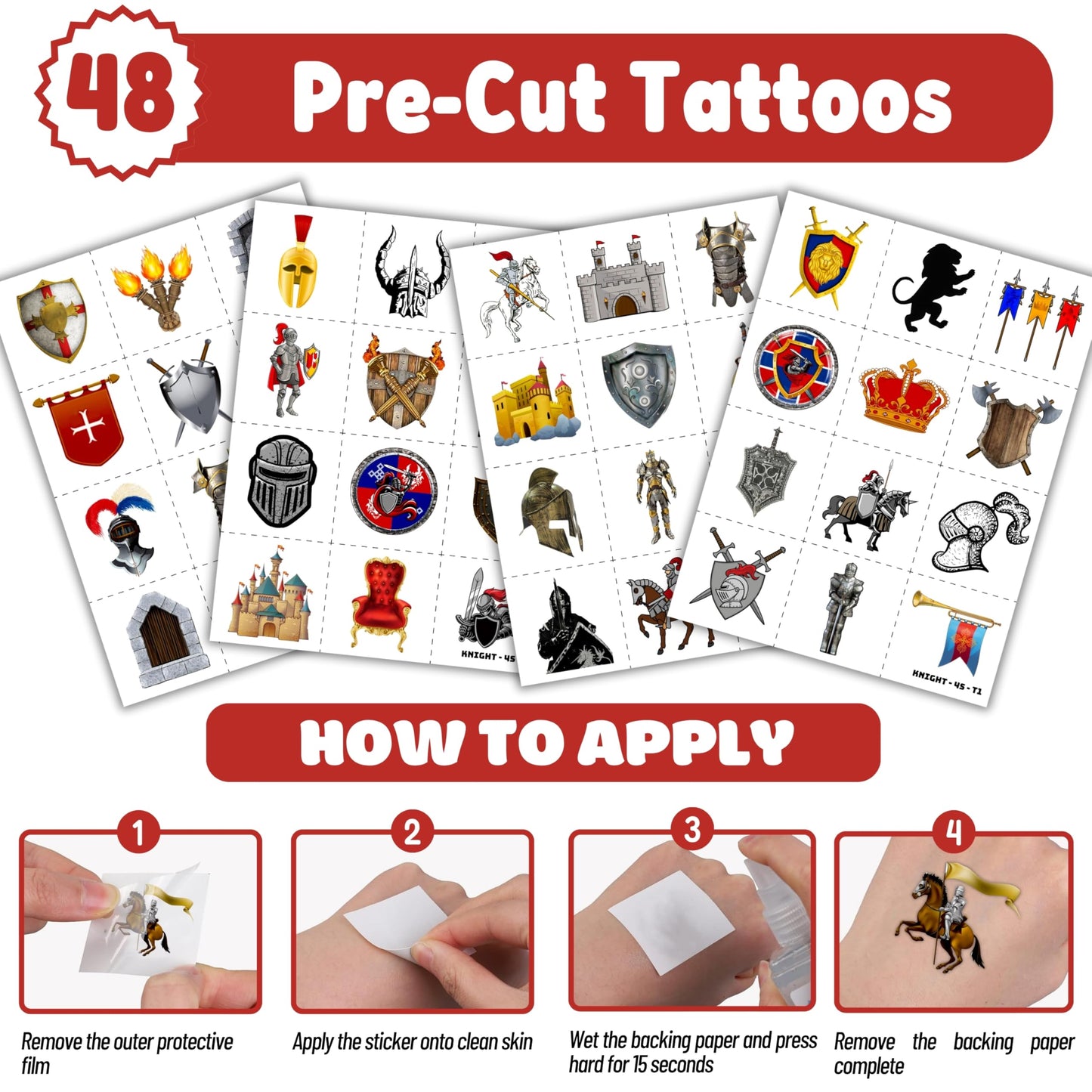 72PCS Medieval Knight Party Set - 48PCS Temporary Tattoos & 24PCS Slap Bracelets - Fun Castle-Themed Birthday Supplies, Baby Shower Gifts, Classroom Rewards & Party Decor for Kids
