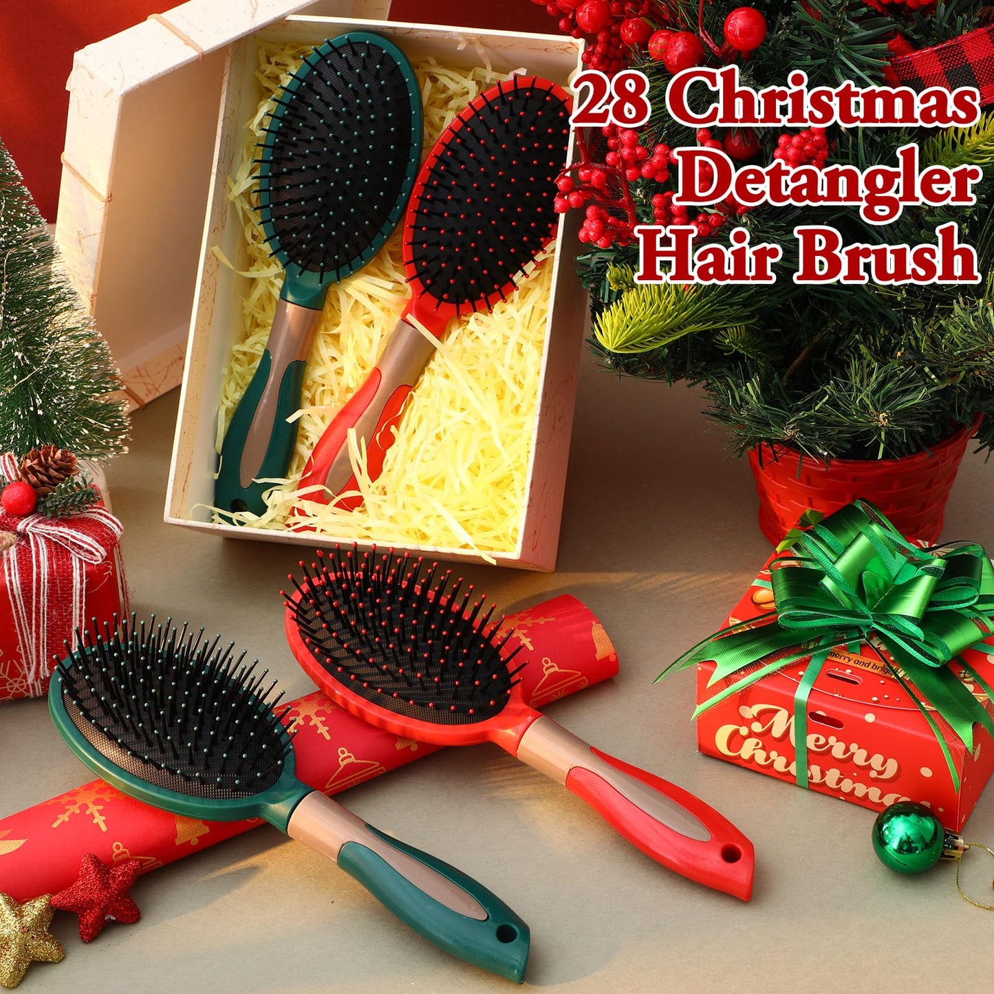 Zubebe 28 Pcs Hair Brush Bulk Travel Detangling Red and Green Detangler Brush with Soft Bristles for Women Gift Bulk