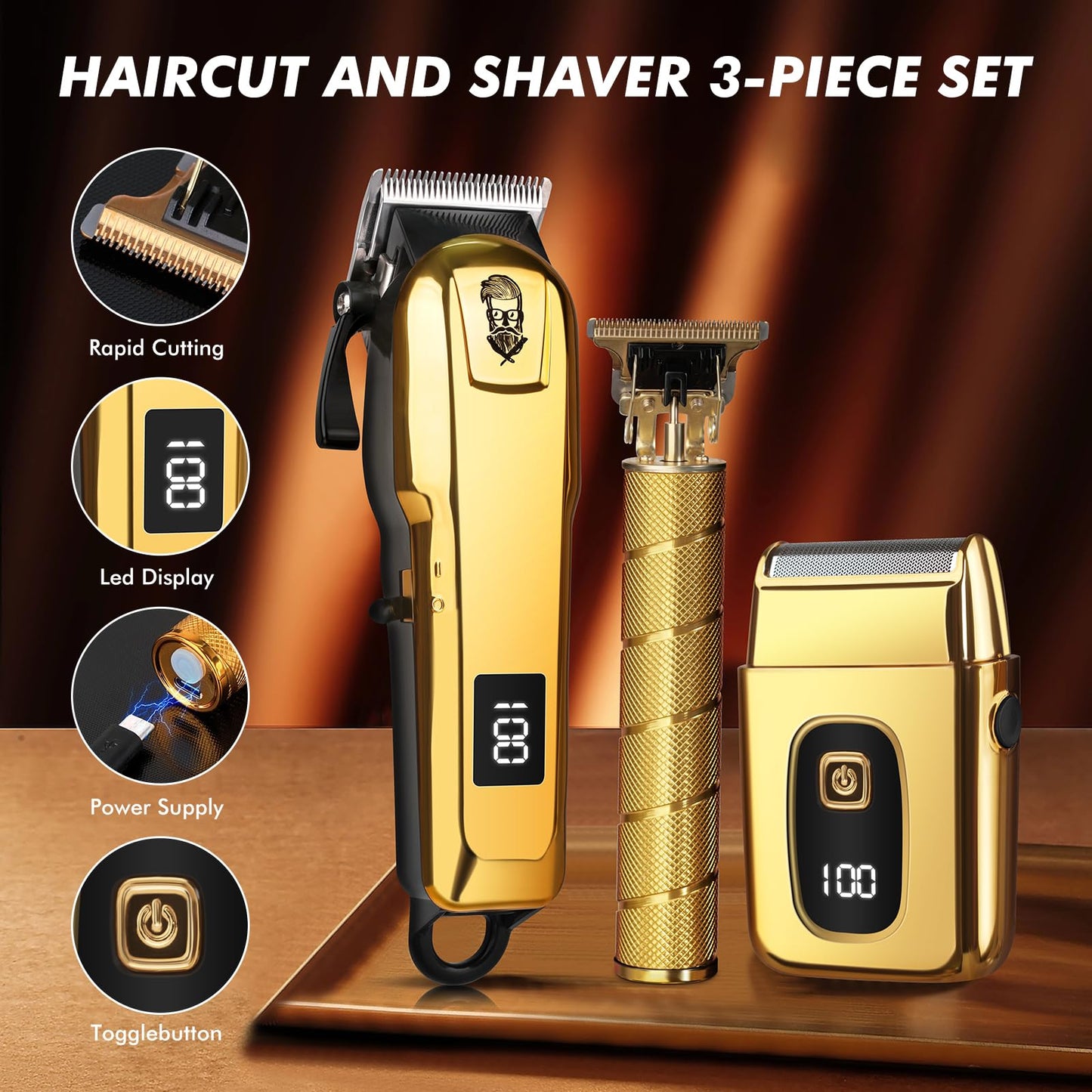 Justnard Hair Clippers for Men, Beard Trimmer and Electric Shaver Set, Professional Rechargeable Cordless Barber Hair Cutting Tools Grooming Kit