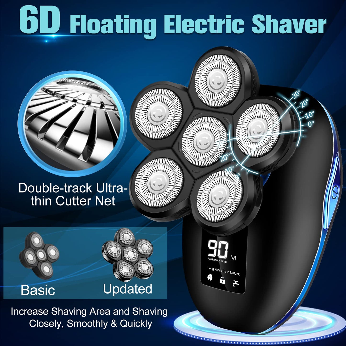 Head Shaver for Bald Men, 6-in-1 Electric Shaver for Bald Head 6D Wet/Dry Waterproof Mens Electric Razor Head Shavers with Grooming Kit Cordless Rechargeable Face Head Shaving Rotary Shavers Blue