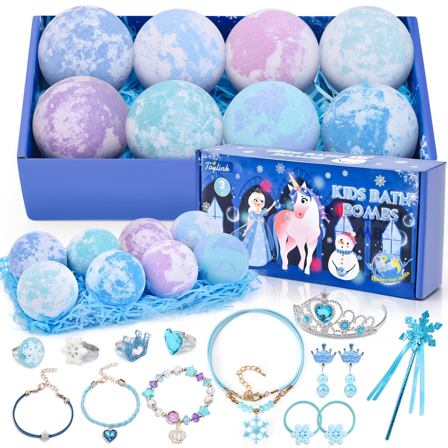 Toylink Kids Bath Bombs for Girls with Surprise Toys Inside, 8 Pack Natural Bath Bombs Handmade Spa Bath Fizzies with Jewelry Set Birthday Christmas Gift