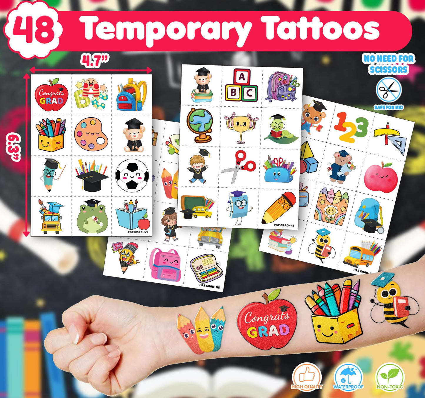 72 PCS Kindergarten Graduation Party Set - 48 Temporary Tattoos & 24 Slap Bracelets - Perfect for Themed Parties, Baby Showers, Classroom Rewards & Gifts for Kids