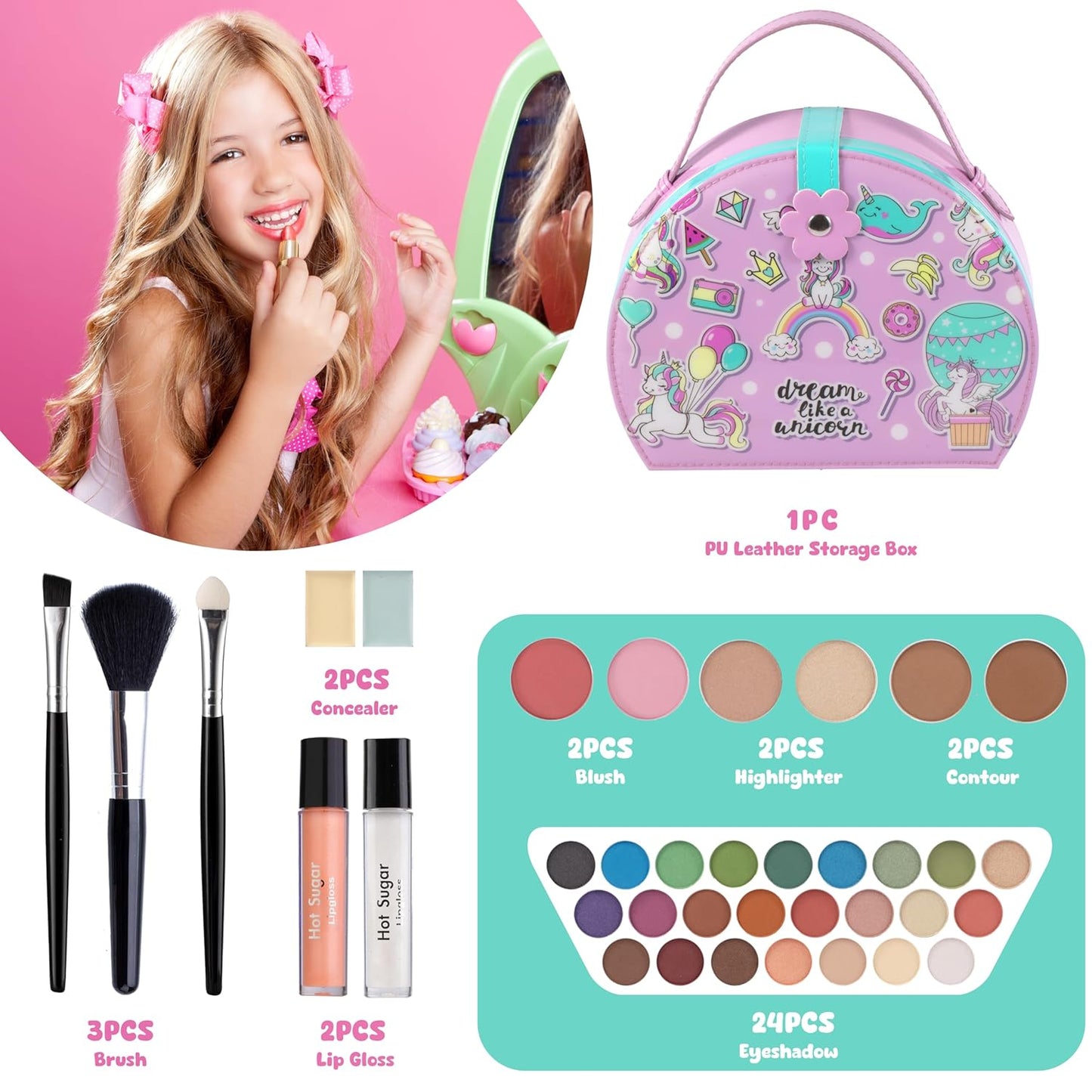 Girls Makeup Kit - Stylish Cosmetics Gift Set for Birthdays & Christmas | Pink Unicorn Design