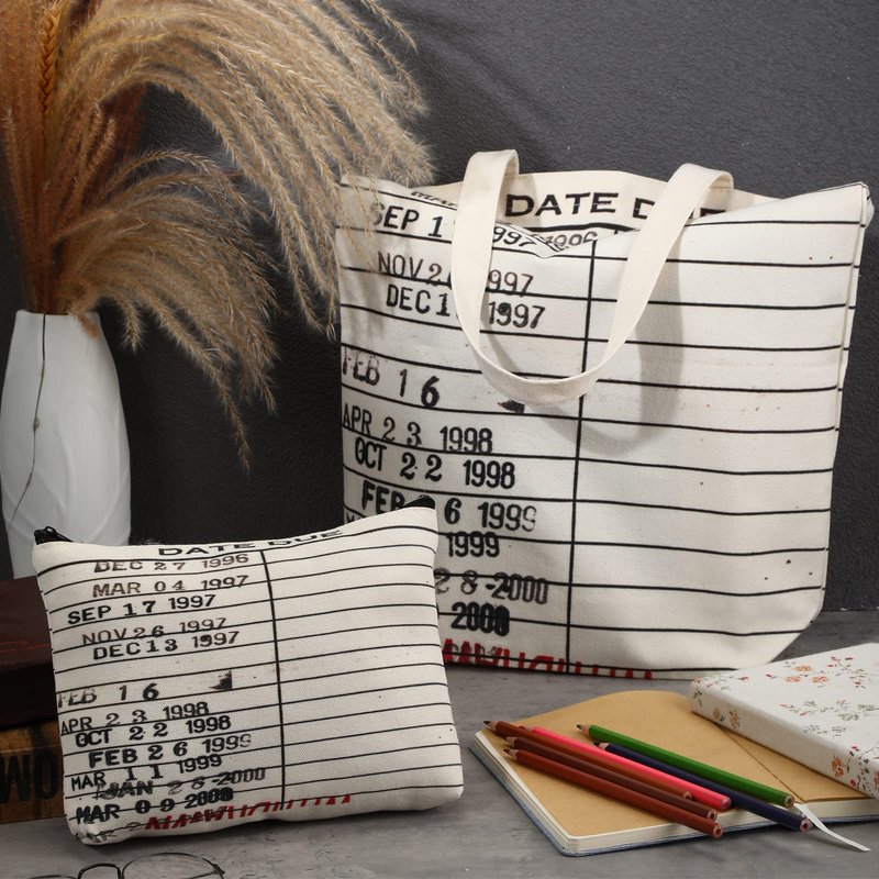 Sieral 6 Pcs Librarian Gifts for Women Library Book Tote Bag Due Date Cards Librarian Gifts Stamp Canvas Vintage Toiletry Bag Aesthetic with Zipper for Book Lovers Women Teacher
