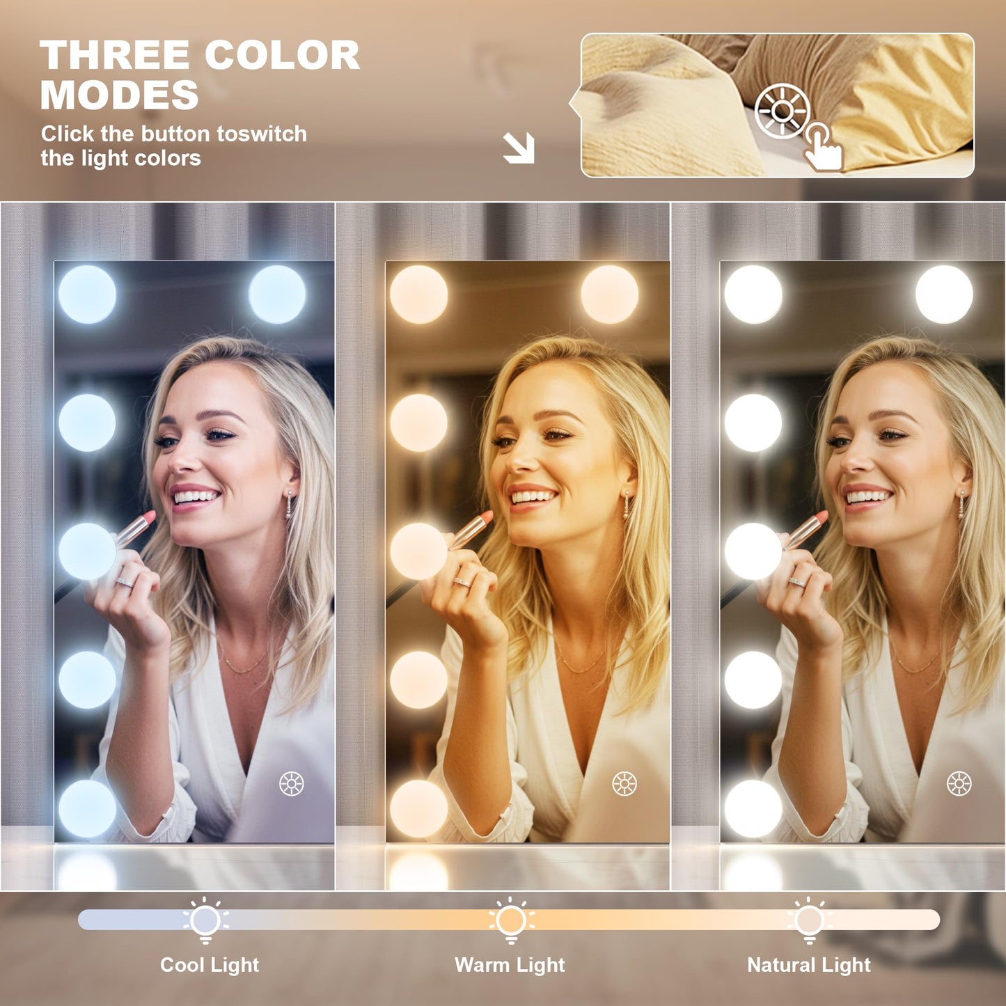 MINISO Vanity Mirror with Lights and Bluetooth Speaker- 9.8" x 13.8" Hollywood Makeup Mirror with 3 Color Lights, Smart Touch Control, Rounded Rectangle White Frame