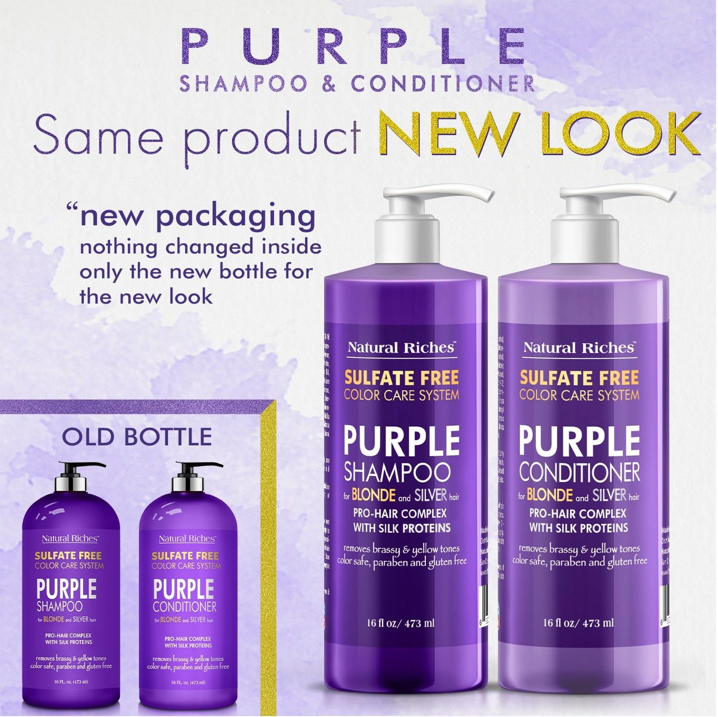 Natural Riches Purple Shampoo and Conditioner Set for Blonde, Silver & Gray Hair – Sulfate-Free, Color-Safe, Removes Brassy & Yellow Tones for Natural, Highlighted, and Bleached Hair – 16x2 fl oz