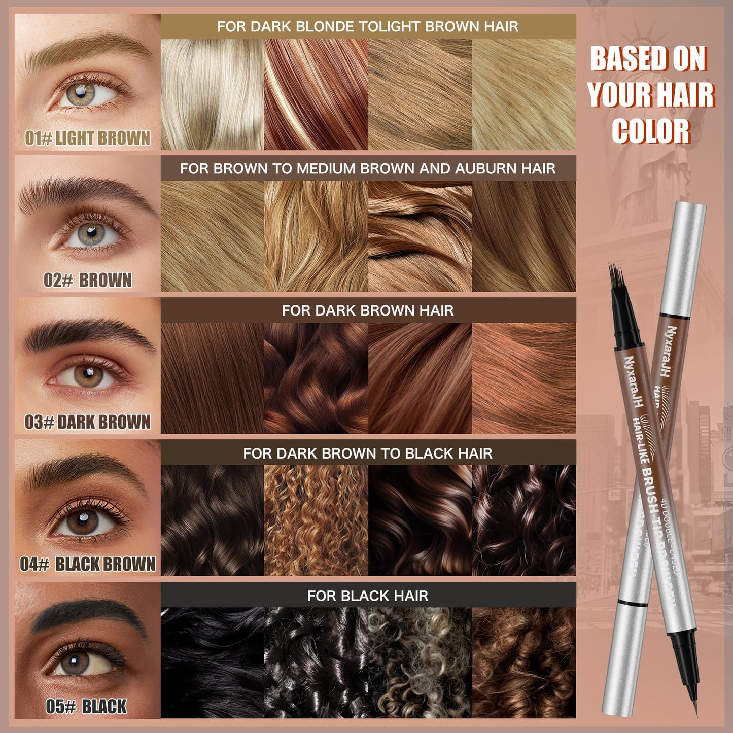 NyxaraJH 4D Double-Ended Eyebrow Pen, Hair-Like Brush Tip, 5 Color Options, 0.1mm Precision Tip, Waterproof Brow Makeup (3# Dark Brown)