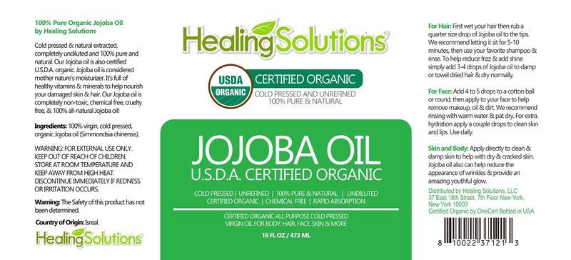 Healing Solutions Oils Organic Jojoba Oil 16 oz Pure Cold Pressed 100% Natural Serum for Hair, Skin, Face, Body, Scalp, Cuticle & Nail, Unrefined Moisturizing & Acne Fighter Treatment 473 ml