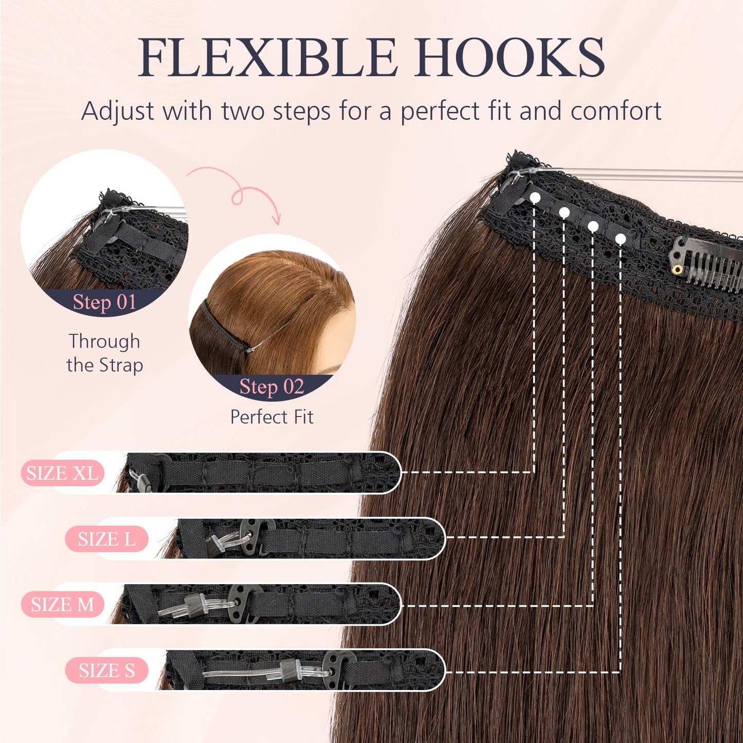 TESS Halo Hair Extensions Real Human Hair Remy Hair 12 Inch Straight Adjustable Invisible Wire Easy to Use Clip in, Dark Brown