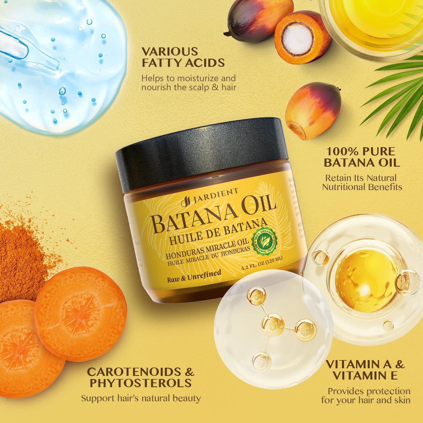 Jardient Raw Batana Oil for Hair Growth: Dr Sebi Organic Batana Oil from Honduras - 100% Pure & Natural - Promotes Thicker & Stronger Hair for Men & Women (4 OZ)