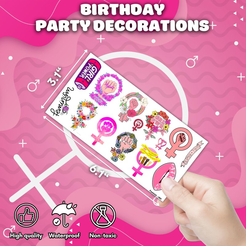 96PCS Funny Girly Feminist Temporary Tattoos Birthday Party Decorations Supplies Favors Decor Women Power Rights Gender Equality Tattoo Stickers Gifts For Adults Kids Girls Boys School Prizes Carnival