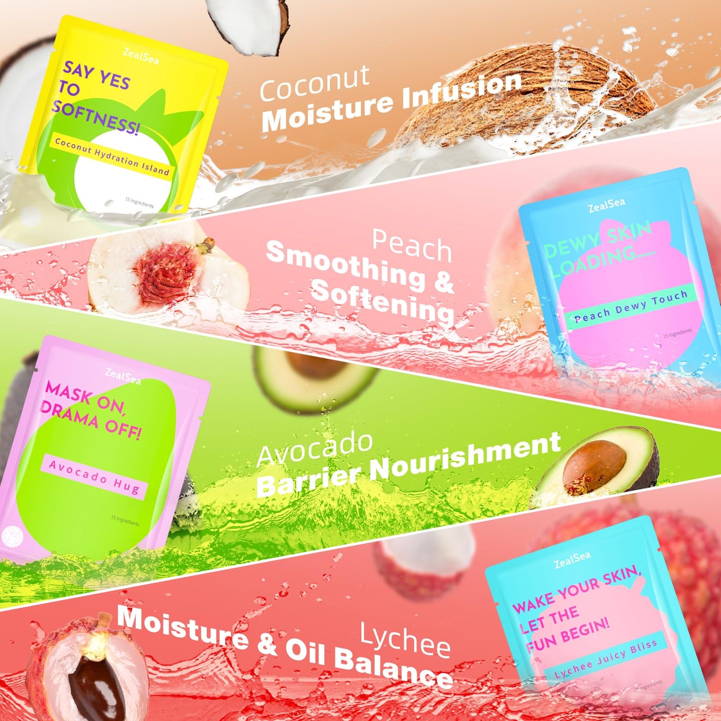 ZealSea Clean Beauty Face Masks Skincare, Minimalism 15 Ingredients Sheet Mask, Dopamine Color Design Facial Mask, Sleepover & Slumber Spa Party Supplies, Women Teen Girl Gifts Trendy Stuff, 14 Pack