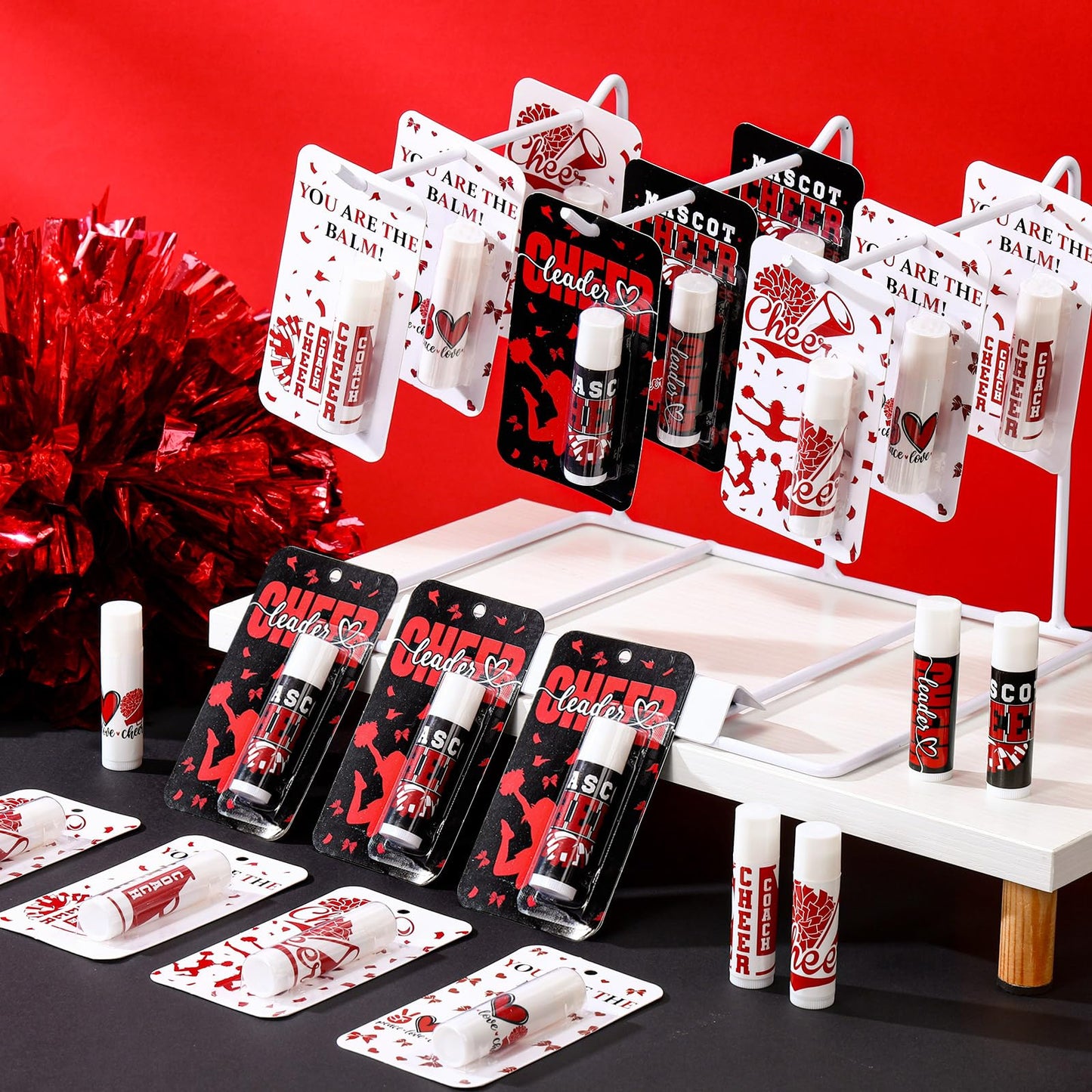 Loopeer 30 Pcs Red Cheers Lip Balm Cheer Teams Gifts Bulk Cheerleaders Party Stuff Cheerleading Camp Gifts Bulk for Cheerleaders Party Favors Stocking Stuffers
