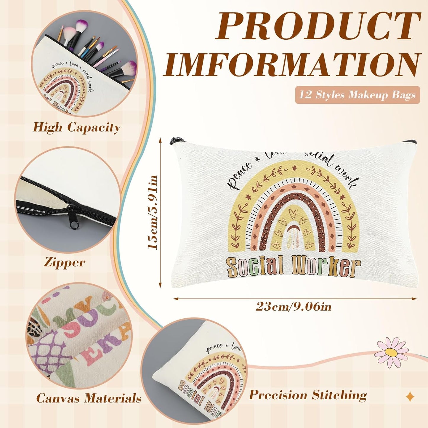 Social Worker Gifts - 24 Pcs Canvas Tote & Zip Makeup Bags | Appreciation Gifts for BSW, MSW, DSW, LCSW