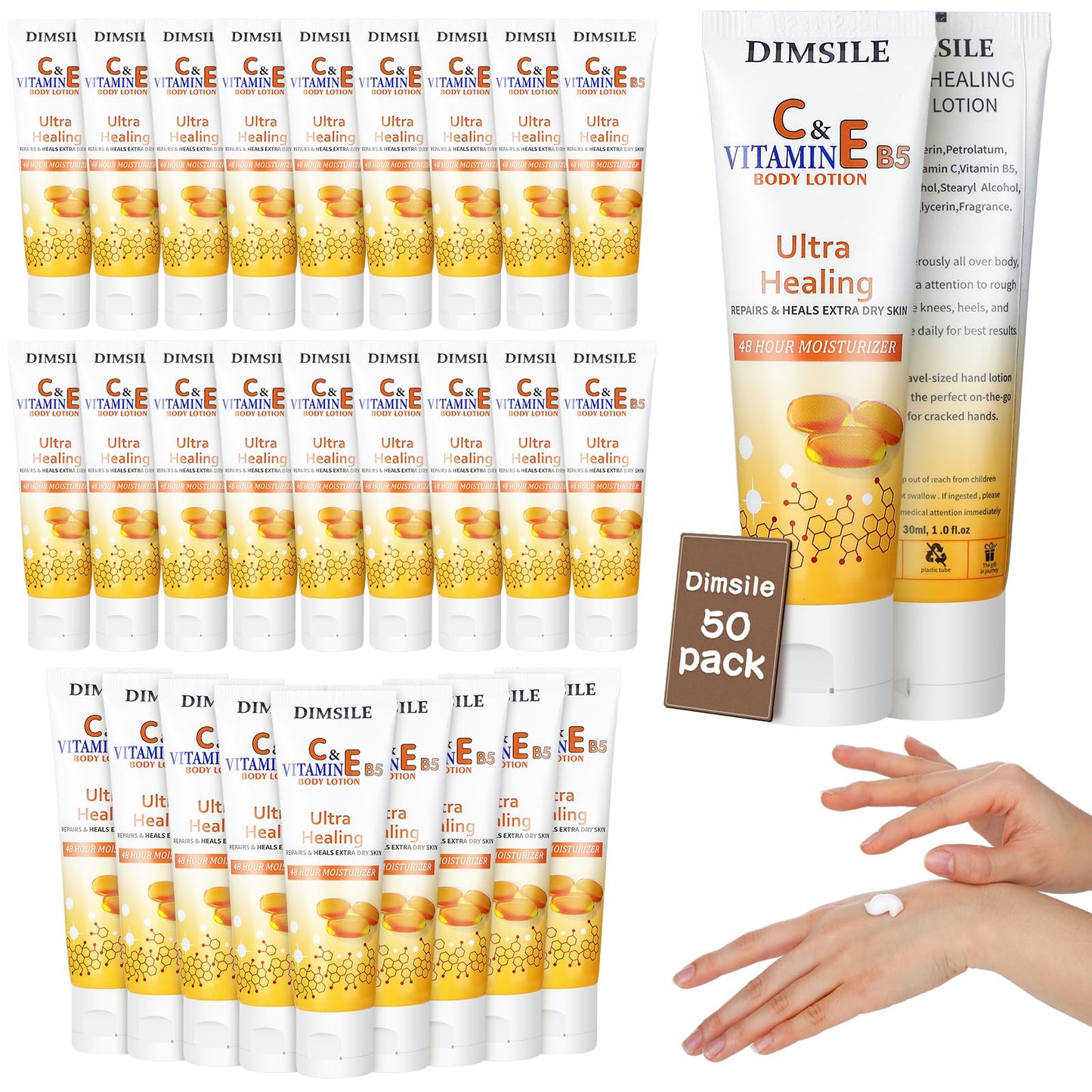 Dimsile 50 Pack Travel Size Body Lotion 1 oz Dry Skin Moisturizer with Flip Cap for Extra Dry Skin, for Inns and Hotels, Airlines, Offices, Gyms and More(Natural Style)