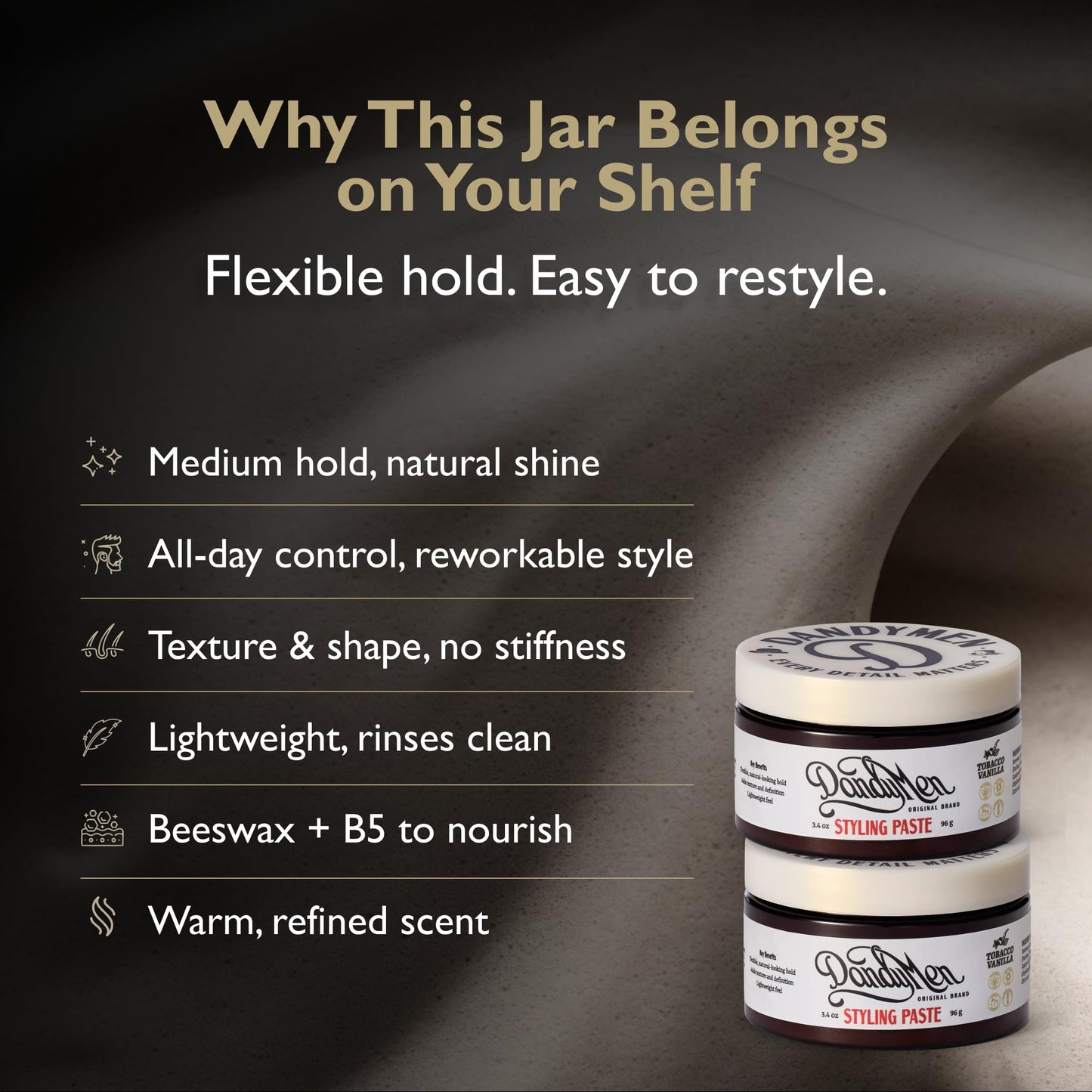 DandyMen Hair Styling Paste for Men | Medium Hold | Flexible Control & Natural Shine | Beeswax with Pro-Vitamin B5 | Tobacco Vanilla Scent | 3.4 oz, 2-Pack