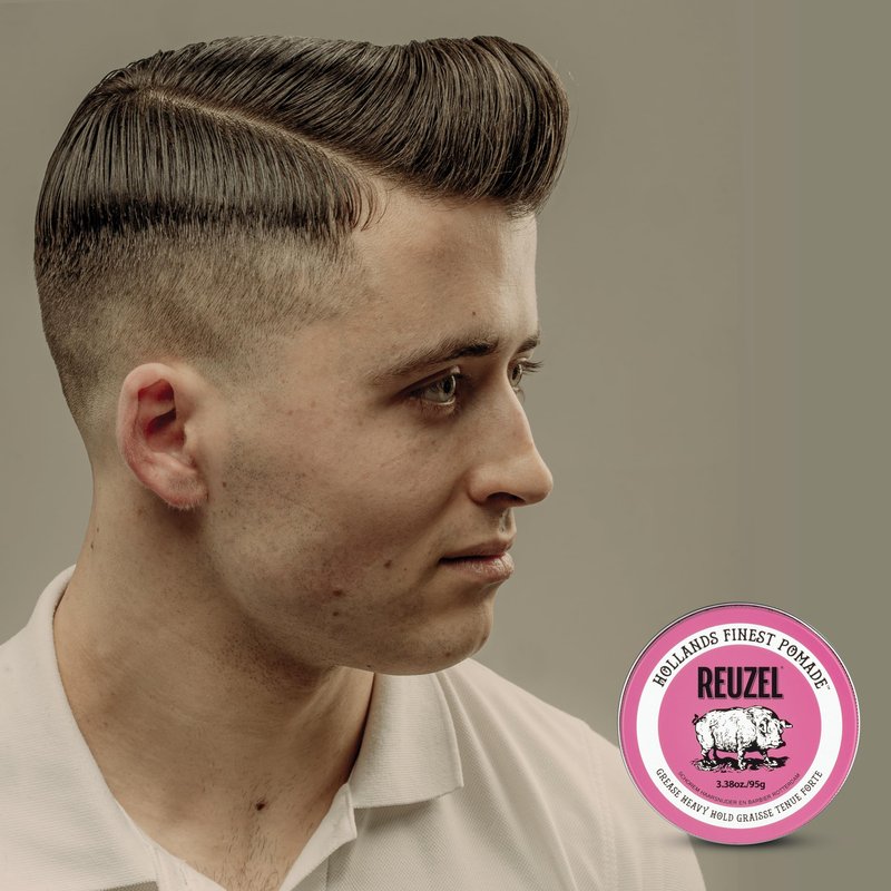 REUZEL Pink Grease Pomade, Strong All Day Hold, Oil-Based Styling Wax, Medium Shine, Easy To Wash Out, For All Hair Types