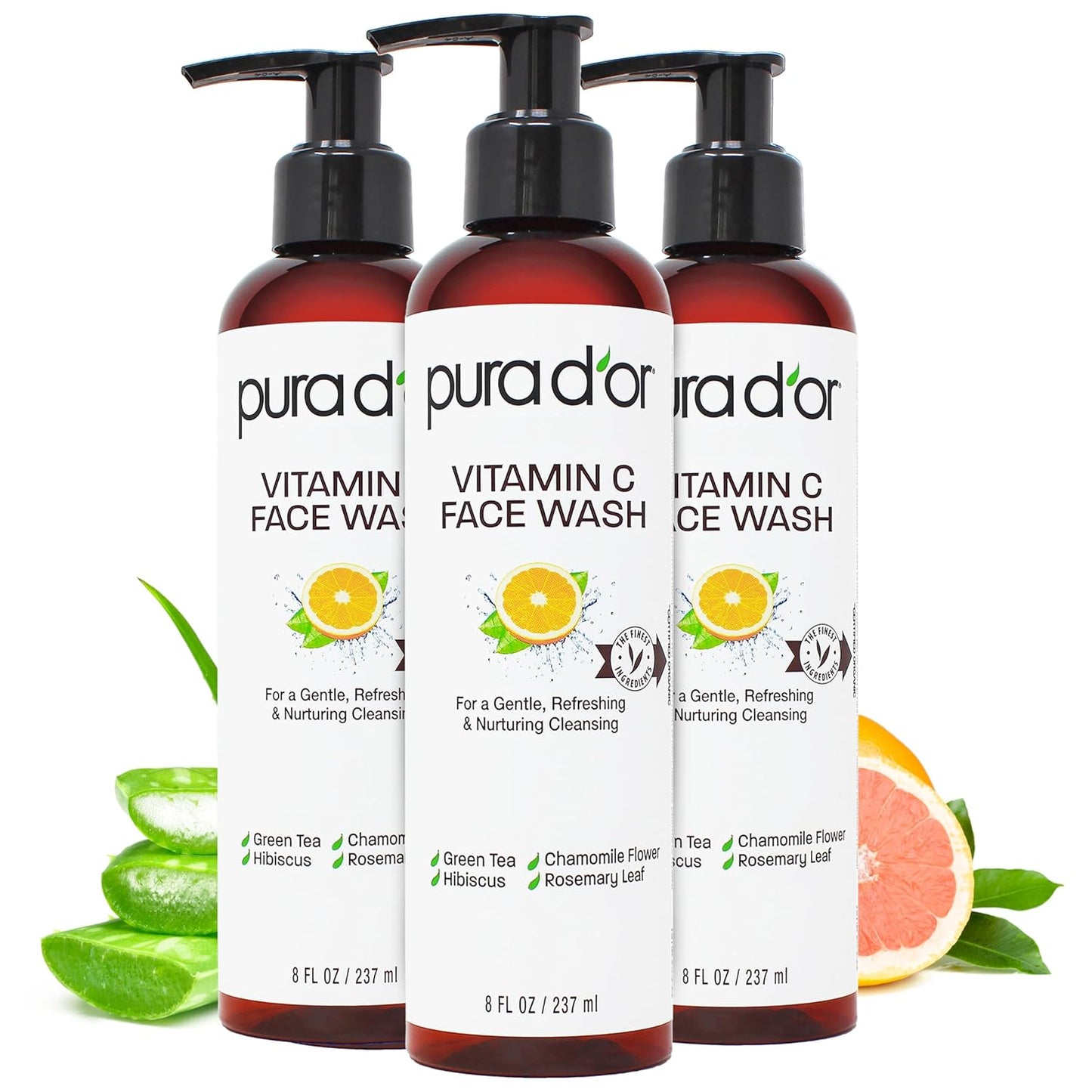 PURA D'OR Vitamin C Face Wash - Antioxidant-Rich Cleanser for Radiant Glow | 24oz (8oz x3)