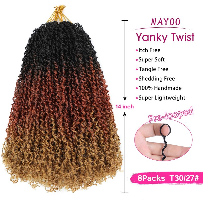 NAYOO 14 Inch Yanky Twist Crochet Hair - 8 Packs (30 Stands/Pack) Mini Passion Twist with Curly Ends Synthetic Pre-Looped Crochet Braids Braiding Hair (14 Inch, OT30/27)