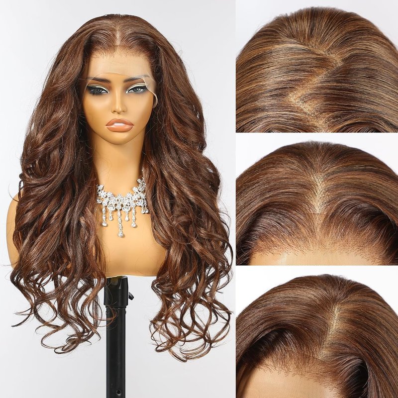 Allbell 13x6 Glueless HD Lace Wigs,Synthetic Lace Front Wig for Black Women,24Inch Balayage Brown Body Wave Hair Replacement