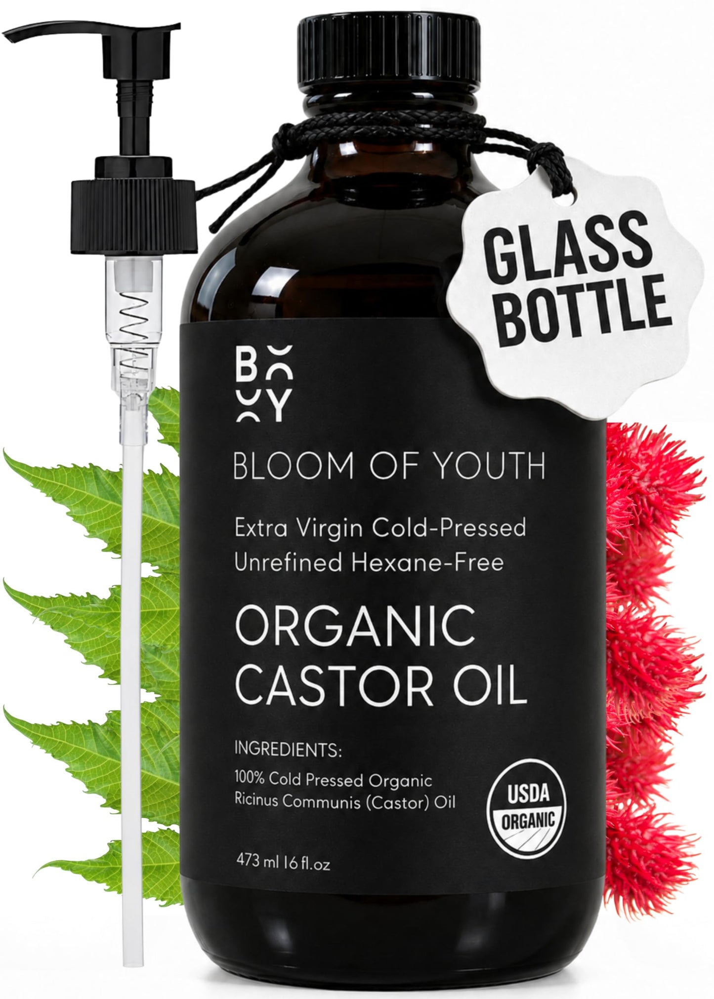 100% Pure Cold Pressed Organic Castor Oil, Glass Bottle 16oz | Hexane Free, Unrefined, USDA Certified | For Hair, Skincare, Castor Oil Pack, Face, Joints, Carrier Oil, Eyelashes, Eyebrows