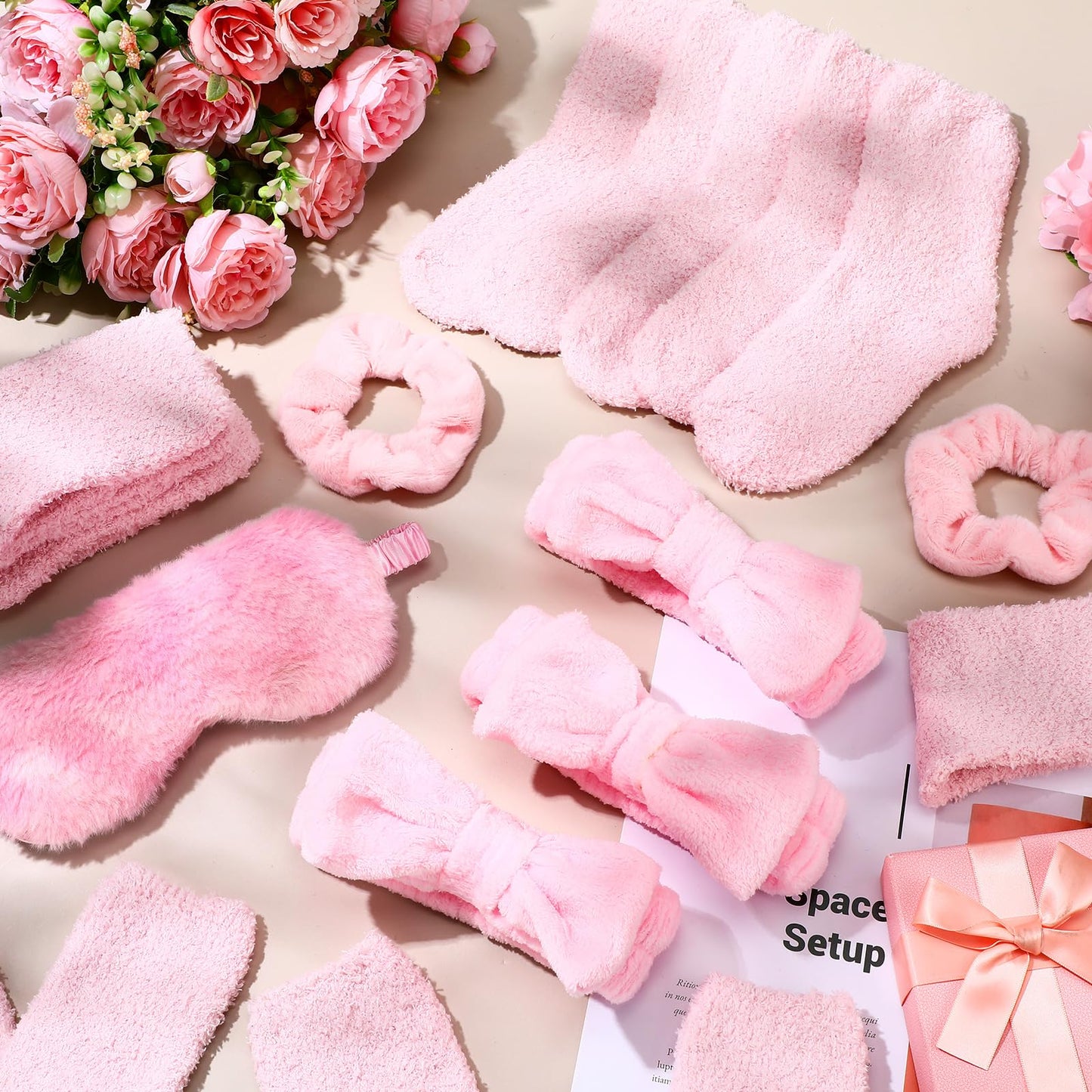 Shyyween 30 Pieces Galentine Spa Sleepover Party Supplies 6 Pink Bow Headband 6 Plush Sleep Eye Mask 6 Velvet Scrunchies 6 Pair Fuzzy Sock for Spa Slumber Party Favors Valentine Gift