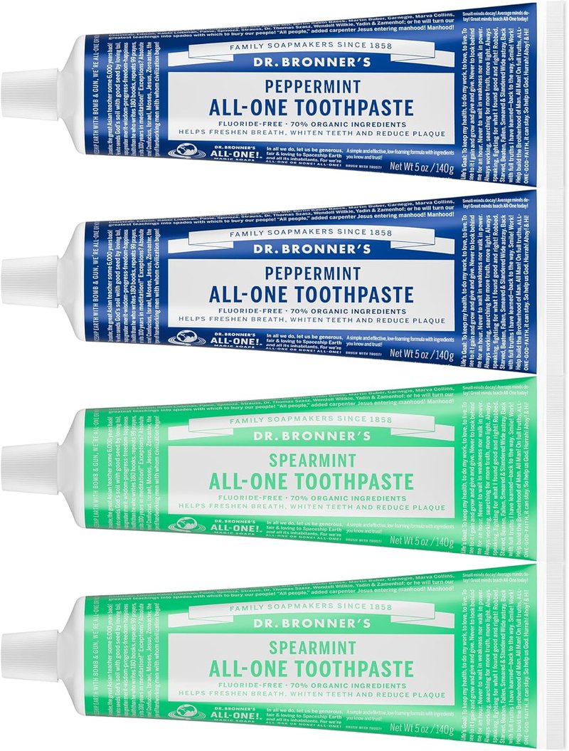Dr. Bronner’s All-One Toothpaste Variety Pack - Peppermint & Spearmint | 70% Organic, Fluoride-Free, Vegan (5oz, 4-Pack)