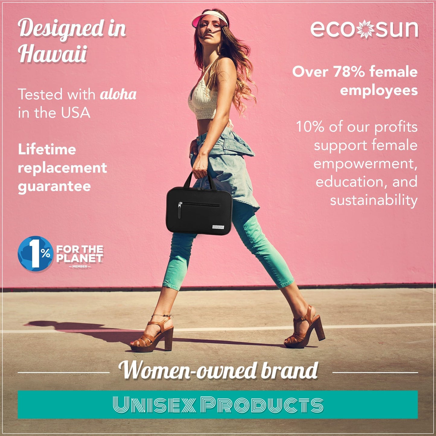 Eco Sun Hanging Travel Toiletry Bag — Designed in Hawaii — Water-resistant Travel Organizer for Bathroom Accessories (Black)
