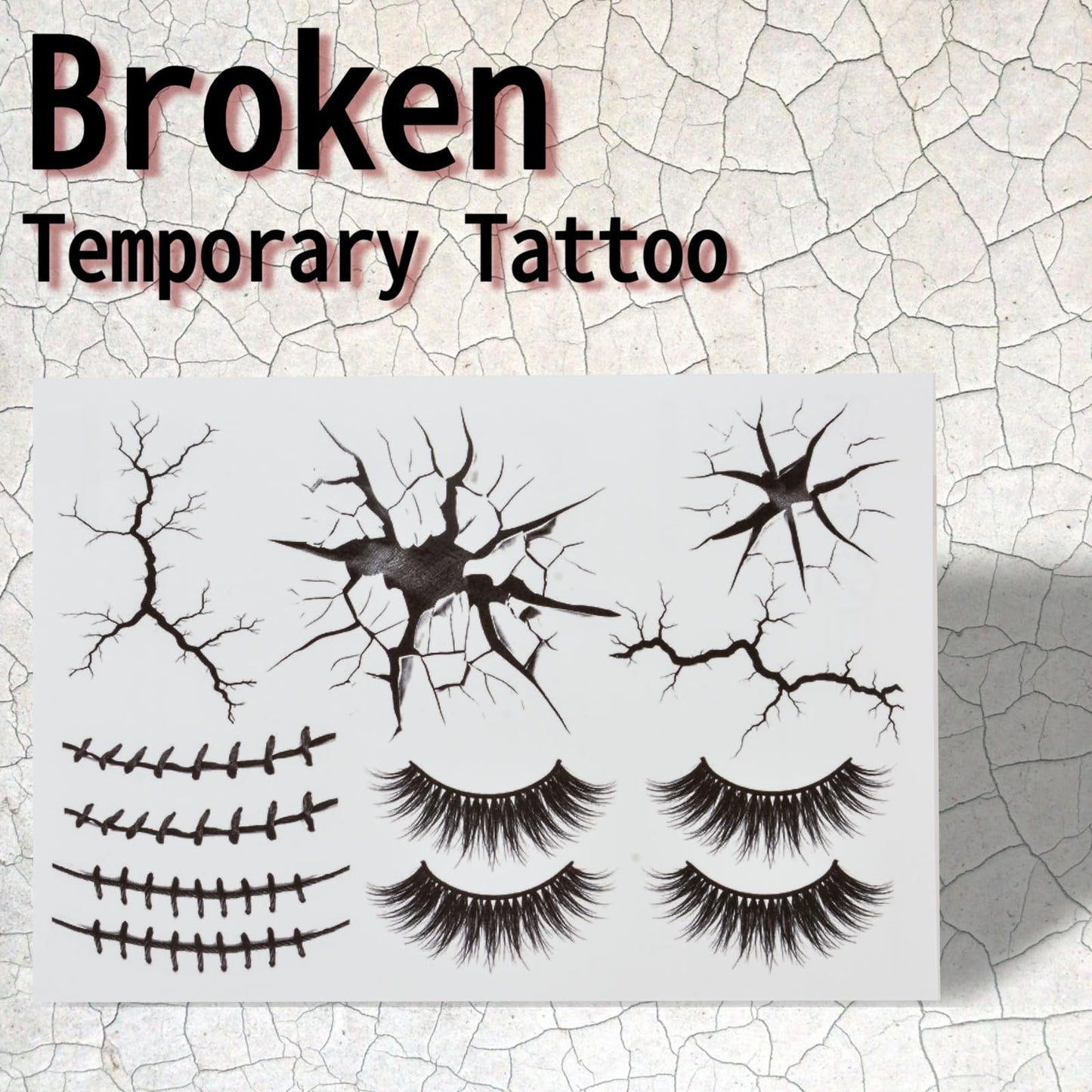 Halloween Creepy Cracks Face Tattoo Set, Temporary Makeup Stickers with Eyelashes, Black Broken Glass Pattern, Costume Accessories (Black)