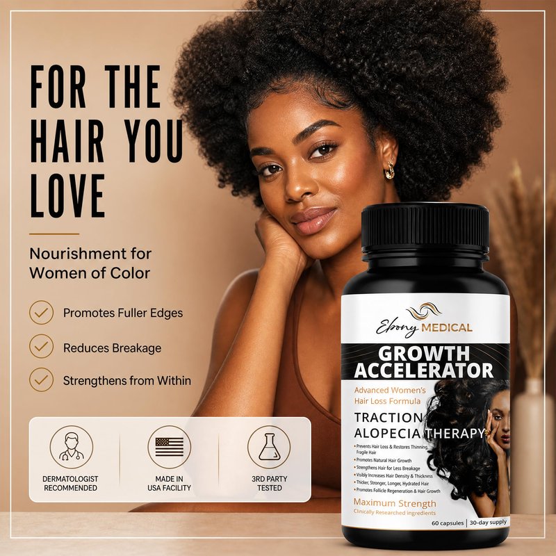Ebony Medical Hair Support Supplement for Women of Color – Thinning Hair & Traction Alopecia Support – Keratin Boost, Follicle Nourishment, and Hair Strength Vitamins – 30-Day Supply