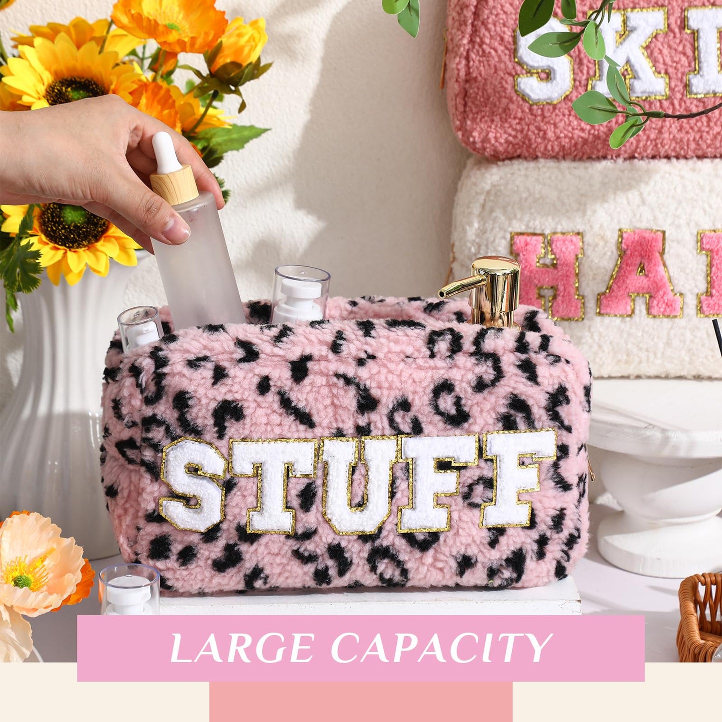 Paterr 4 Pcs Chenille Letter Preppy Patches Makeup Pouch Bag Plush Fuzzy Makeup Pouch Hair Skin Face Stuff Bag Cute Cosmetic Purse Zipper Travel Toiletry for Wedding Birthday Gifts(Pink Colors)