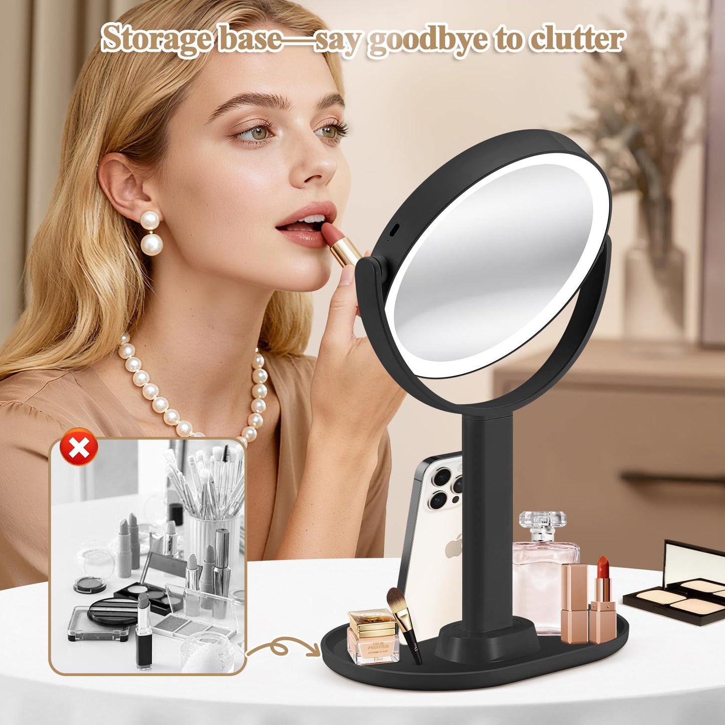 MOMOKUBA Makeup Mirror with Lights, Double Sided 1x/20x Magnifying Mirror with Light, Rechargeable 3 Color Lights Adjustable Brightness, 360° Rotation Detachable Comes with Tweezer (Rose-Gold)