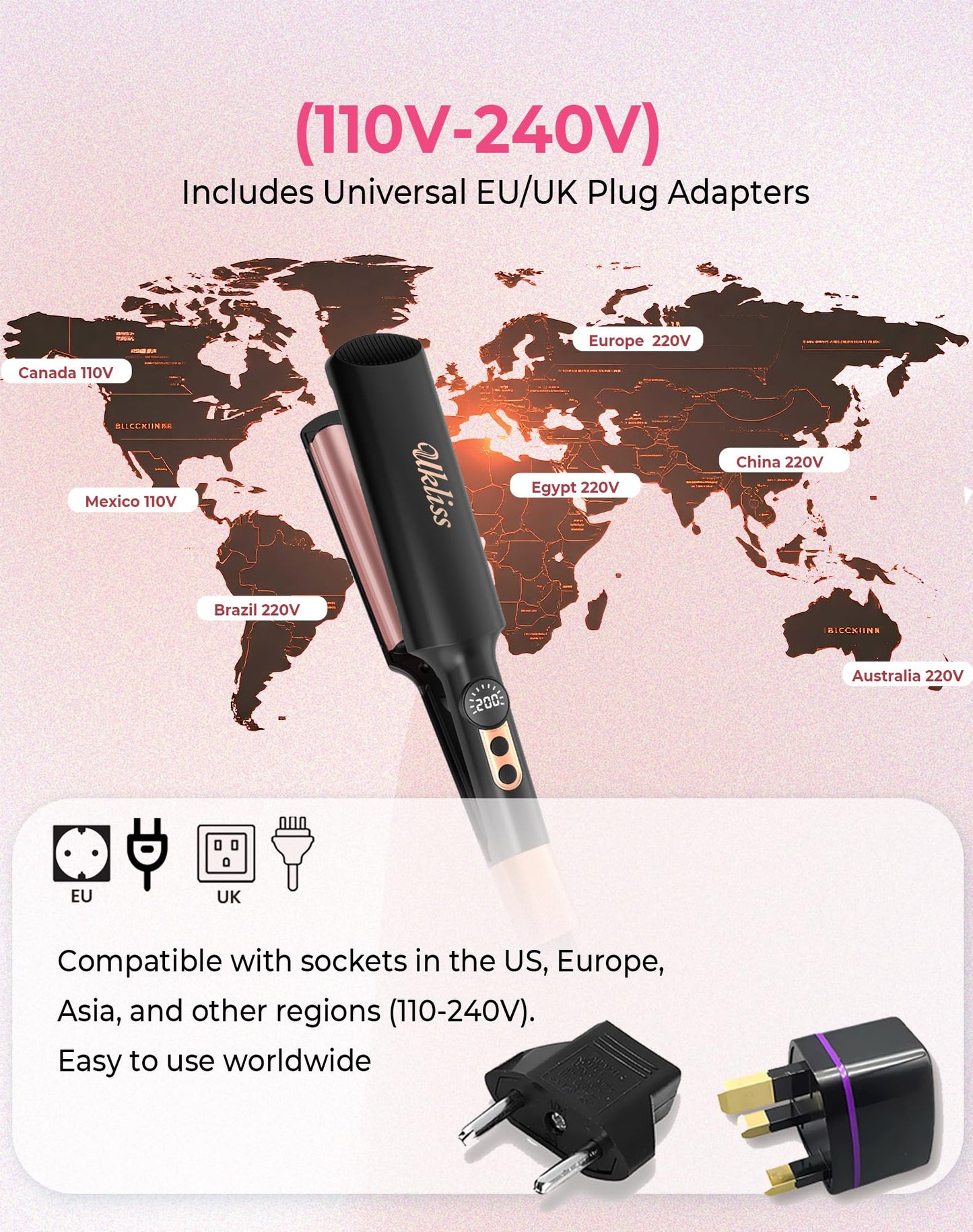 Travel Mini Waver Hair Tool Crimper for Women 0.4 inch Small Double Barrel S Waver Curling Iron Dual Voltage (110-240V) with European Plug Adapter, 5 Temps, Anti-scalding, Auto-Off (Black)