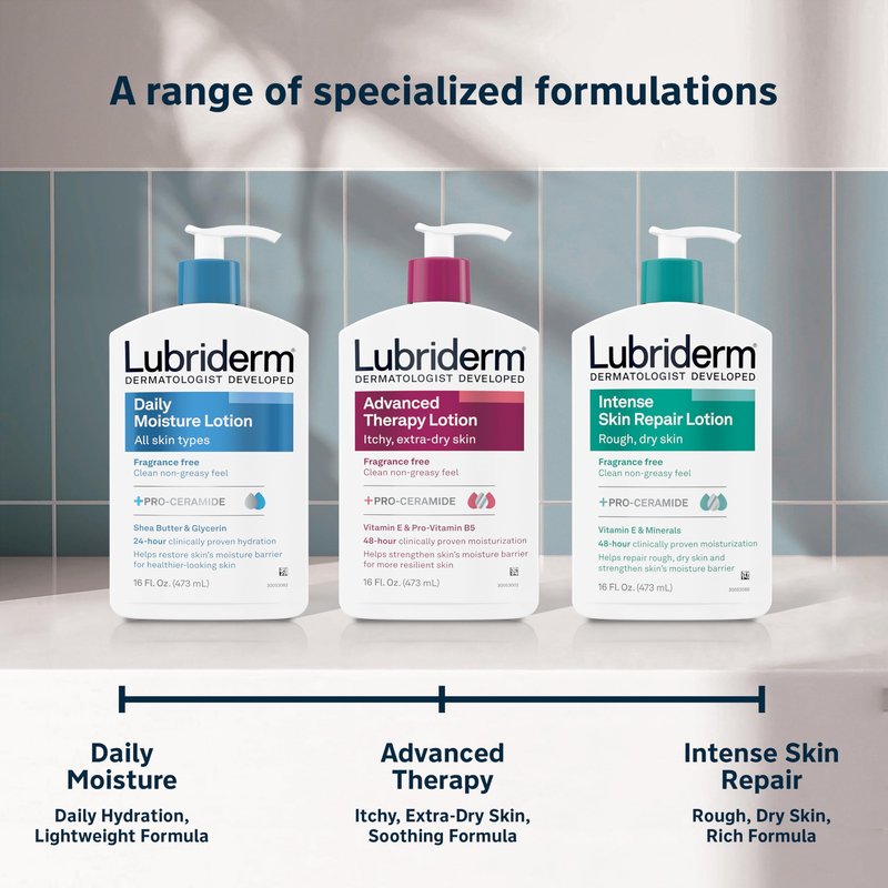 Lubriderm Daily Moisture Lotion+Pro-Ceramide, Shea Butter & Glycerin,Hydrating Face, Hand & Body Lotion, 24hour Moisturizer for Dry Skin, Paraben & Dye Free, Scented, Non-Greasy, 24 FL OZ (Pack of 2)
