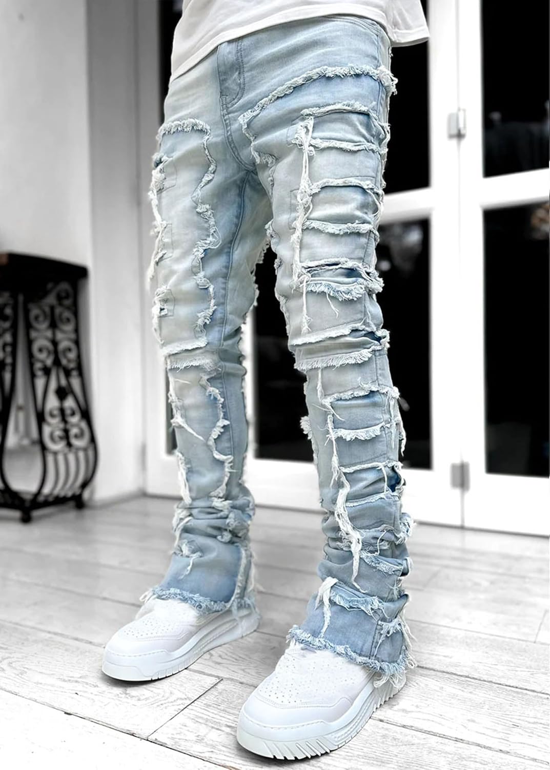Men's Ripped Distressed Slim Fit Denim Jeans - Straight Leg Style | Cool Casual Look