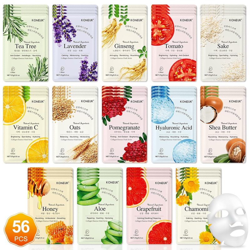 Hydrating Face Masks for Sensitive Skin - 56 Pack Sheet Masks | Bulk Skincare Gift Set for Home Spa
