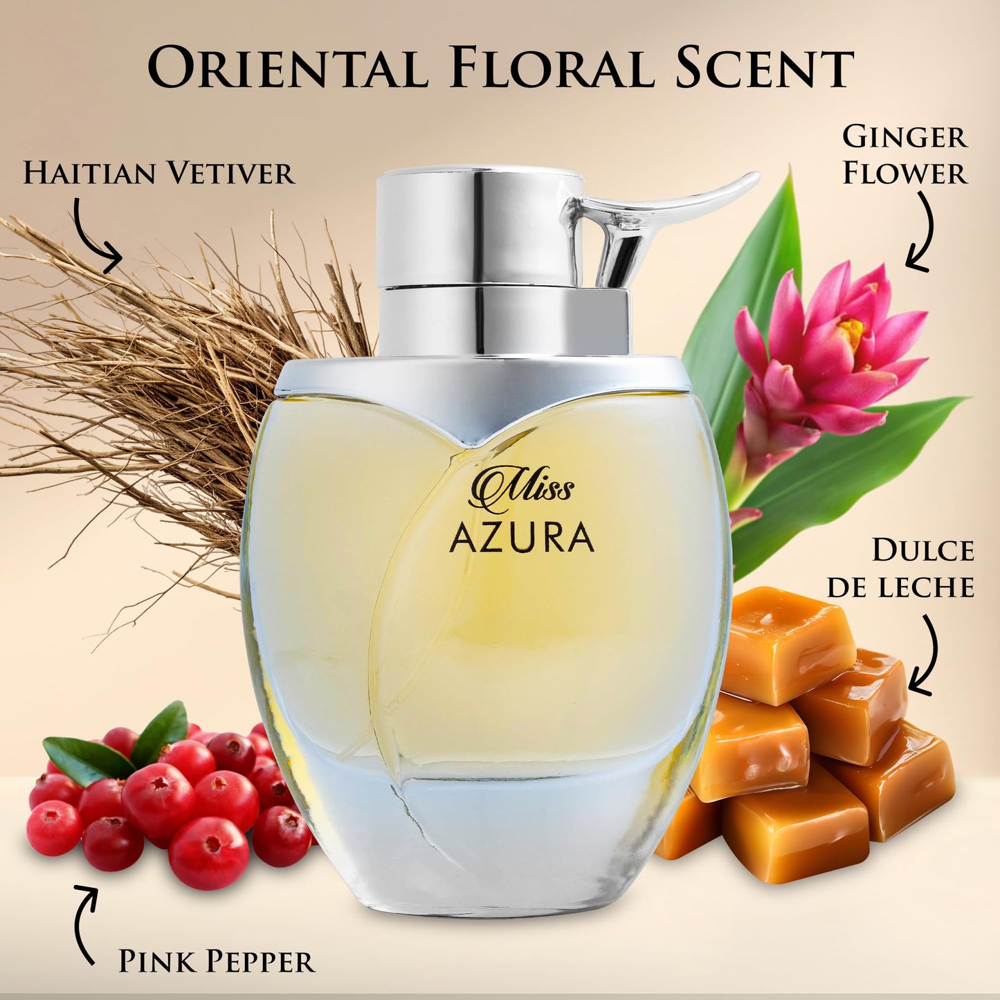 Miss Azura - Top Notes of Ginger Flower, Orange Blossom, Pink Pepper & Pomegranate - Middle Scent of Dulce de Leche & Datura - Base of Tonka Bean, Patchouli & Haitian Vetiver - Elegant 100ml Bottle