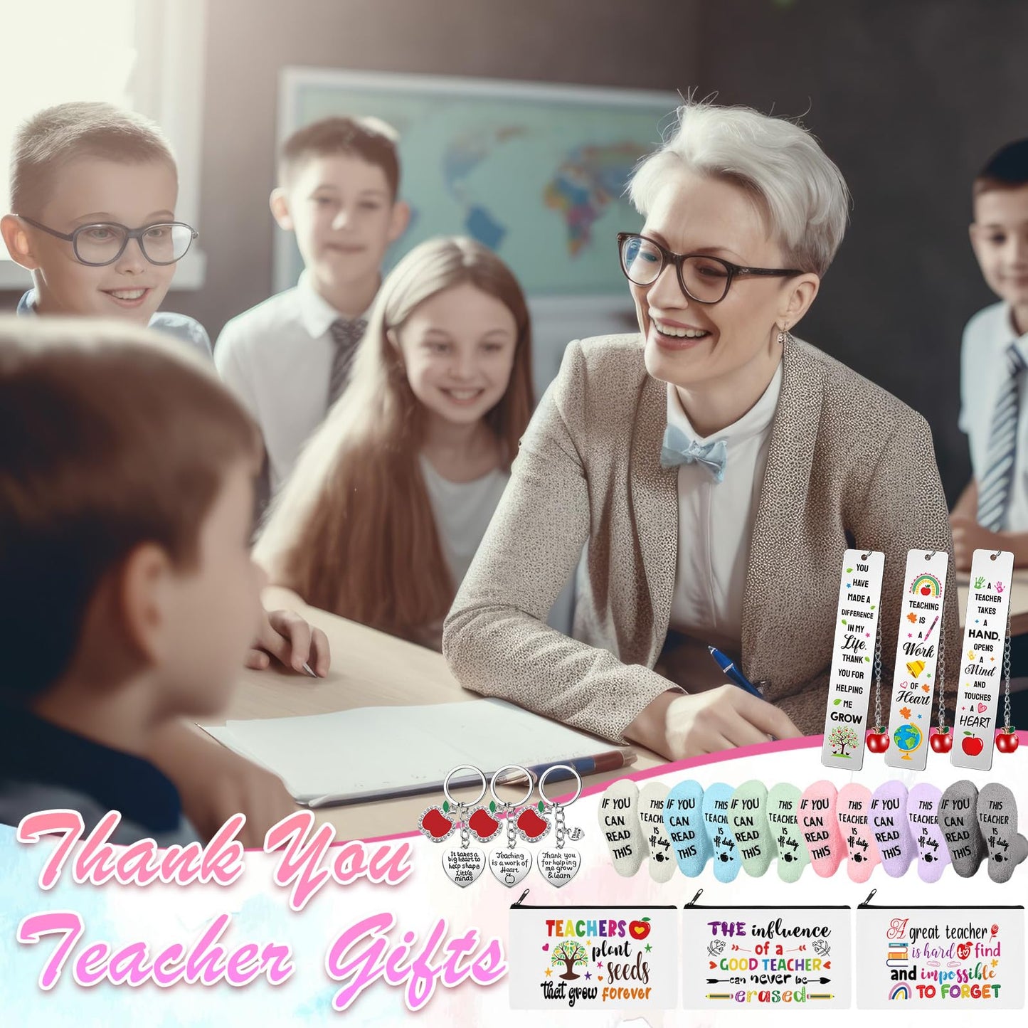 Paterr 24 Pcs End of Year Teacher Gifts Bulk for Women Thank You Gifts Including Socks Makeup Bags Keychain Metal Bookmark for Graduation(Good Teacher,Fleece)