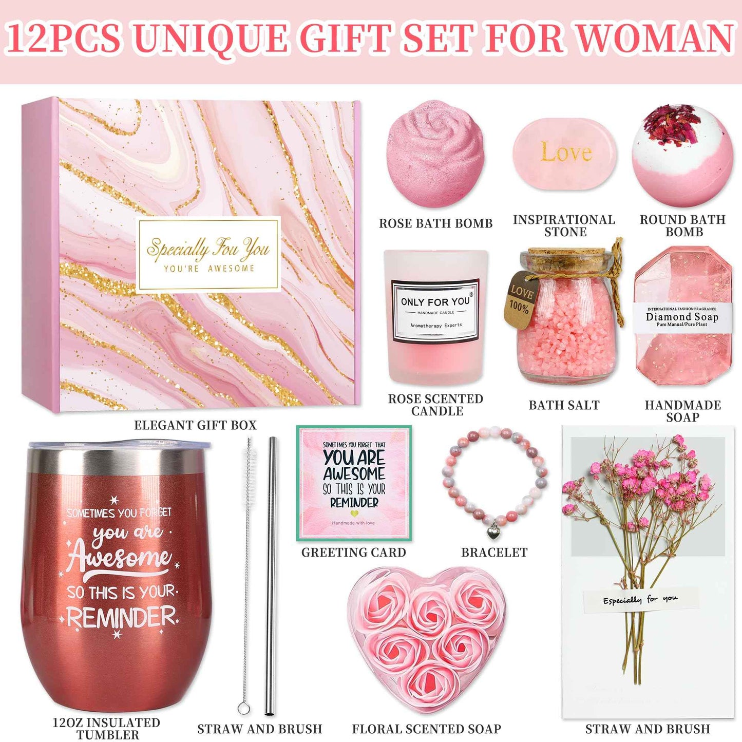 Gifts for Women, Mom, Wife, Girlfriend, Her, Sister, Grandma, Bestie - Happy Birthday, Christmas, Best Friendship Gifts, Unique Thank You Gifts - Rose Relaxing Spa Gift Self Care Gift Baskets Set