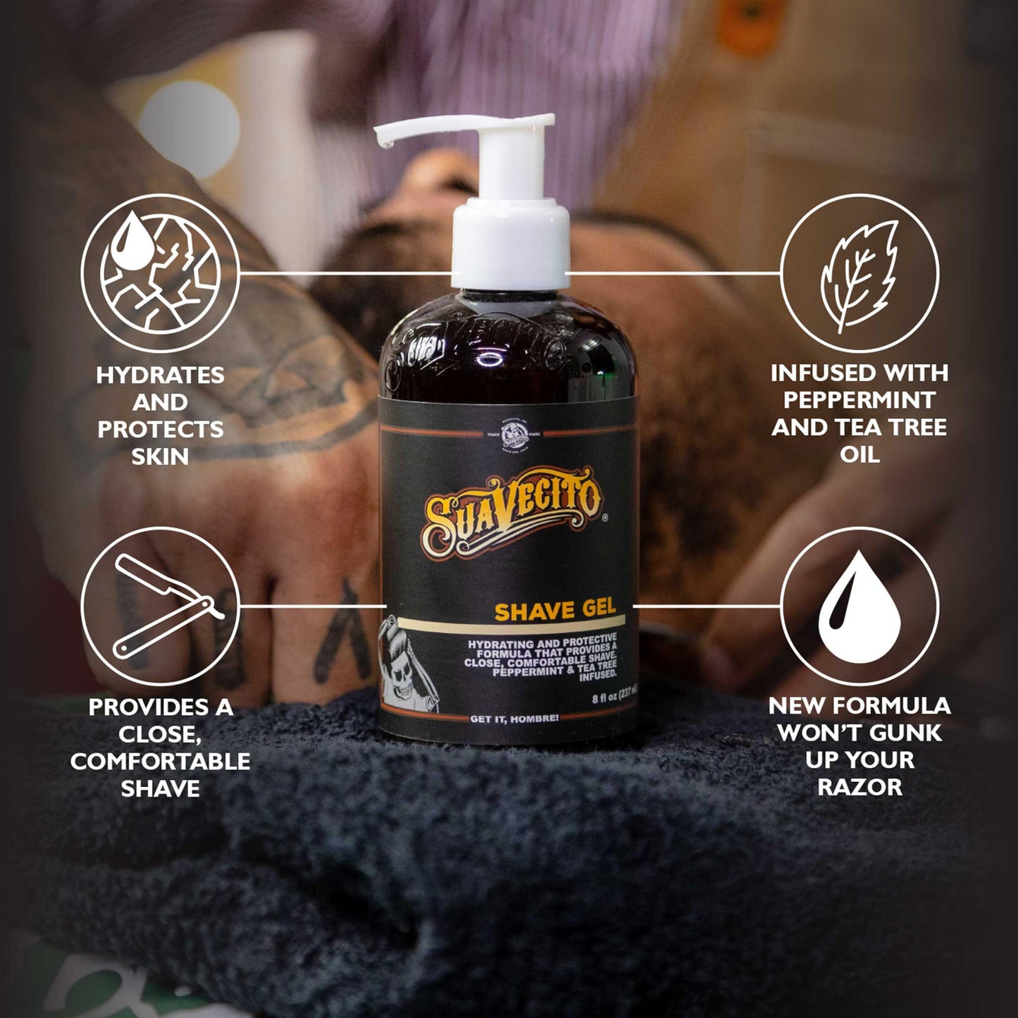 Suavecito Shave Gel 8 oz. Pump Bottle, Peppermint and Tea Tree Infused, Clear Formula That Hydrates and Protects Skin