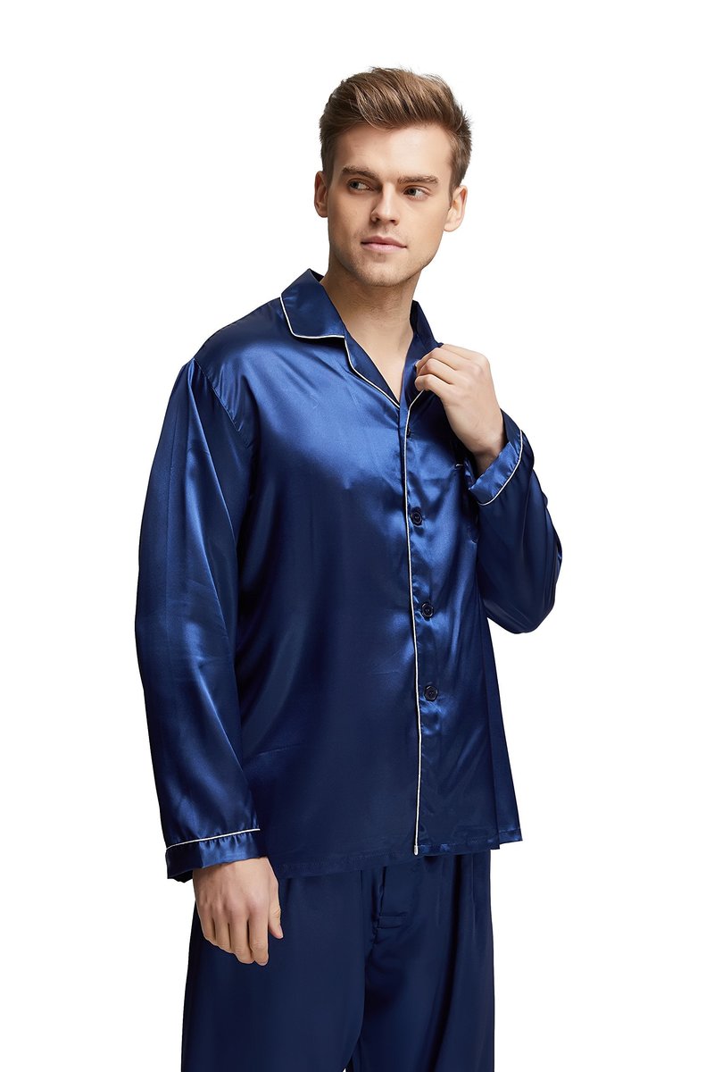TONY & CANDICE Men's Classic Satin Pajama Set Sleepwear (Large, Blue with White Piping)