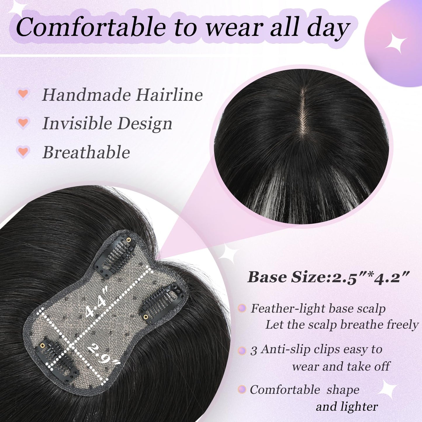 Insmi Hair Toppers for Women Real Human Hair， 360° 3D Cover Hair Topper Clip in Bangs 10 Inch Realistic Scalp Pieces for Women with Thinning Crown (Black, Wispy Bangs)