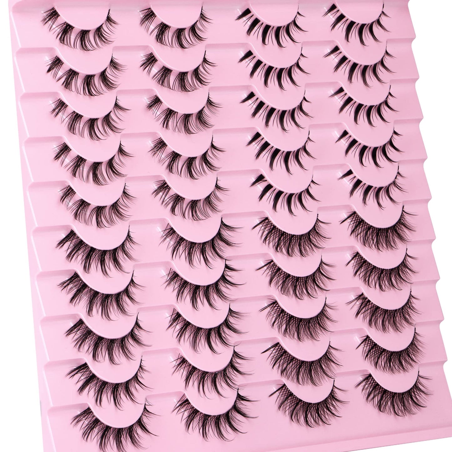 Manga Lashes Natural Look Anime False Eyelashes 20 Pairs Clear Band Individual Wispy Fake Eyelashes Strip Spiky DIY Cluster Lashes Extension C-curly Cat Eye Lashes Pack