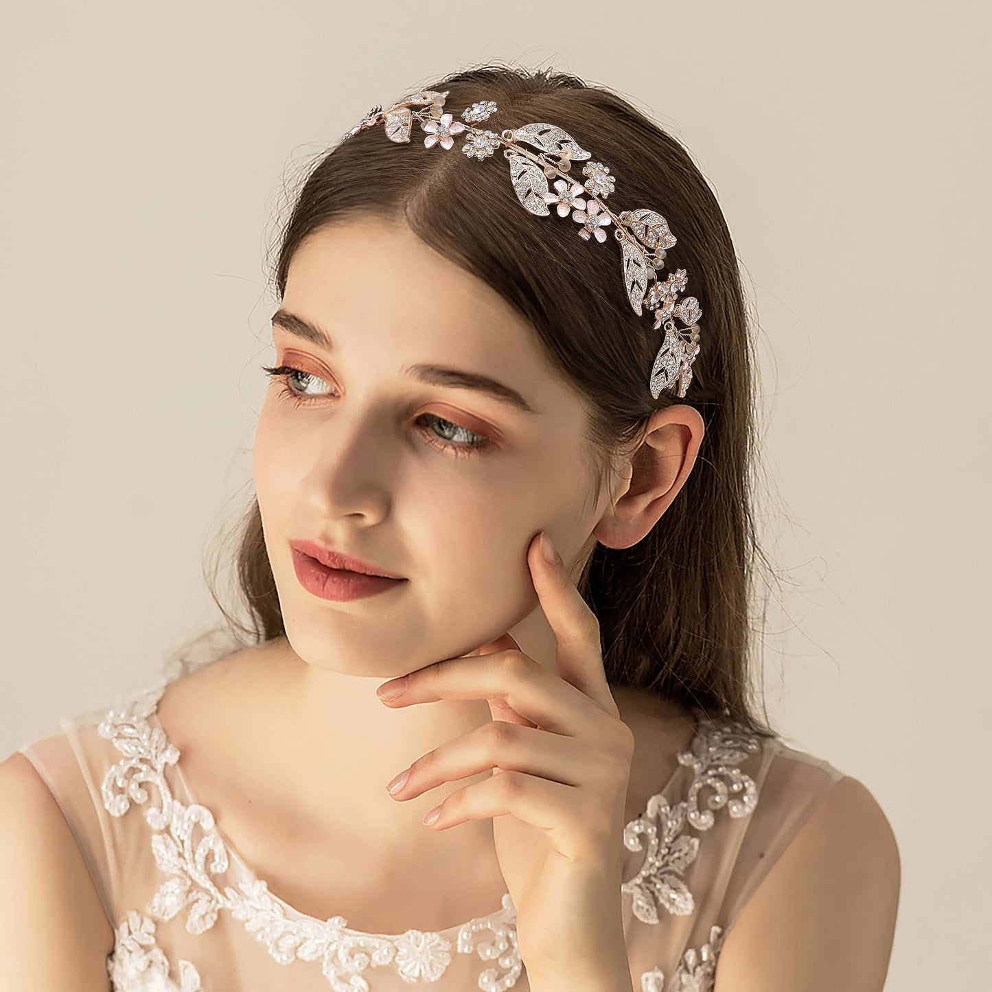 Ammei Headpiece Rose Gold Wedding Headband Flower Leaves Design Hair Vine Bridal Headpiece Wedding Hair Accessories (Rose Gold)