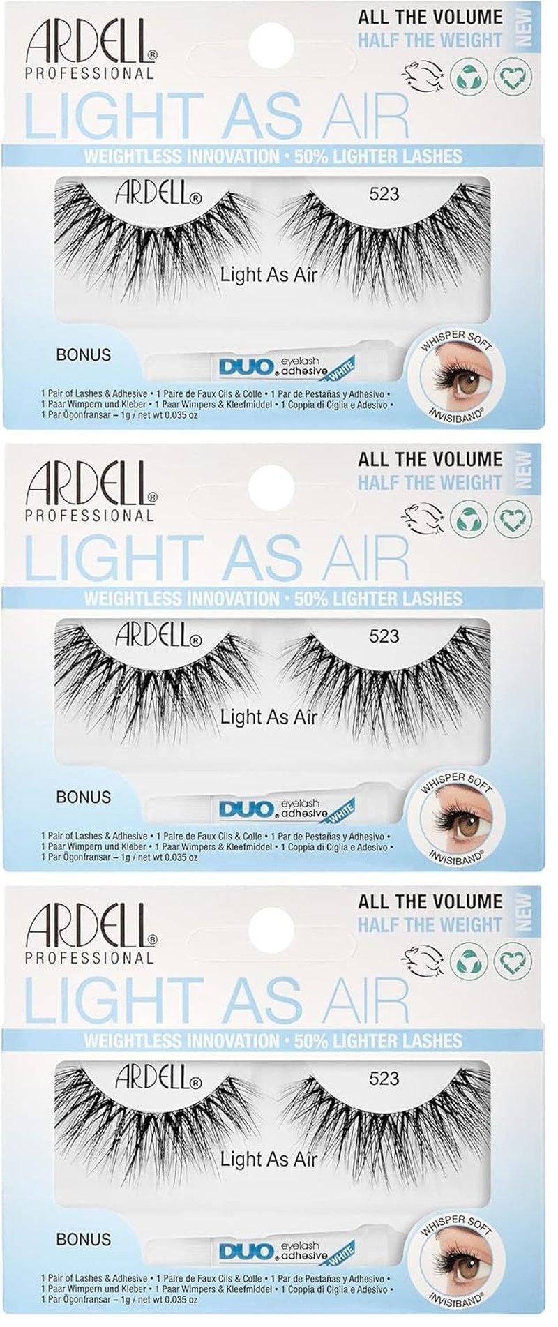 ARDELL Light As Air 523 Lashes with Bonus DUO Adhesive - 1g Clear | Pack of 3